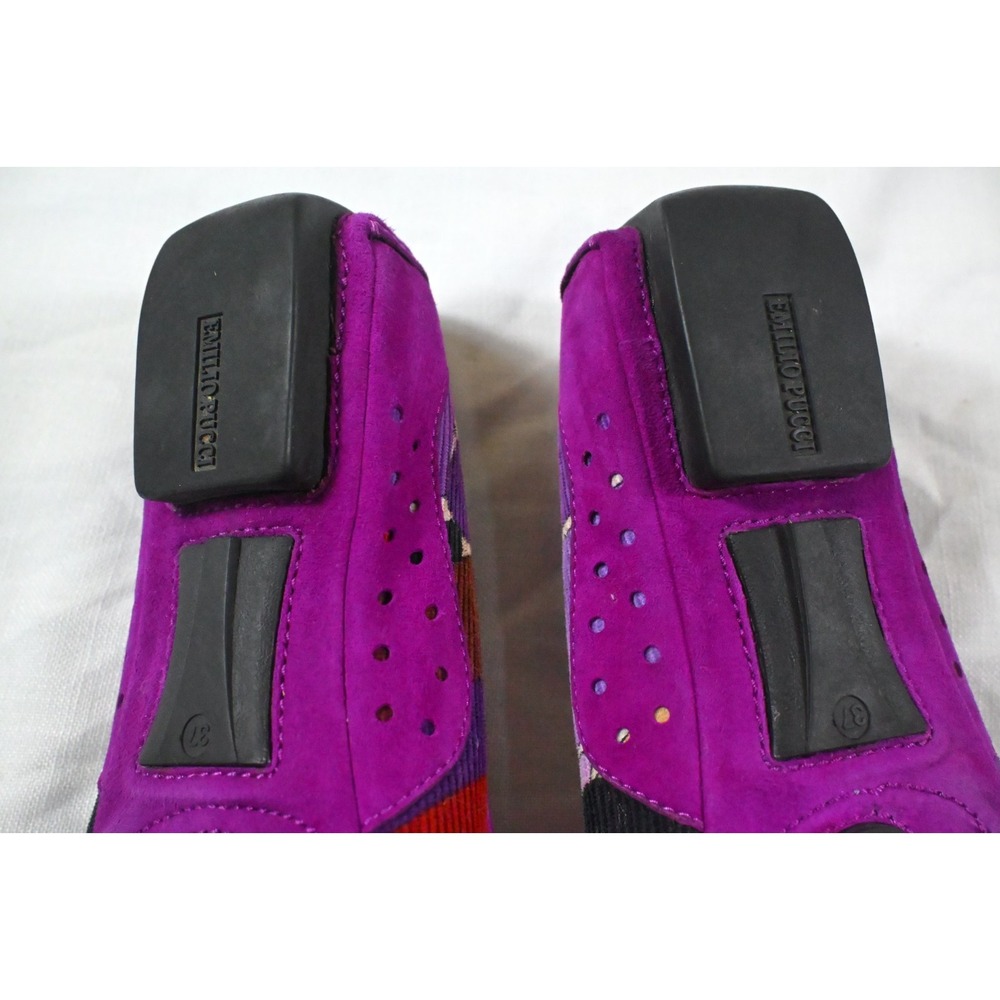 Emilio Pucci Purple Magenta Suede Geometric Print Driving Loafers Buckle Flats S - Picture 11 of 12